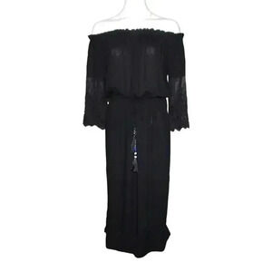 Young Fabulous & Broke Black Midi Dress  Off Shoulder Lace Sleeve Size Small
